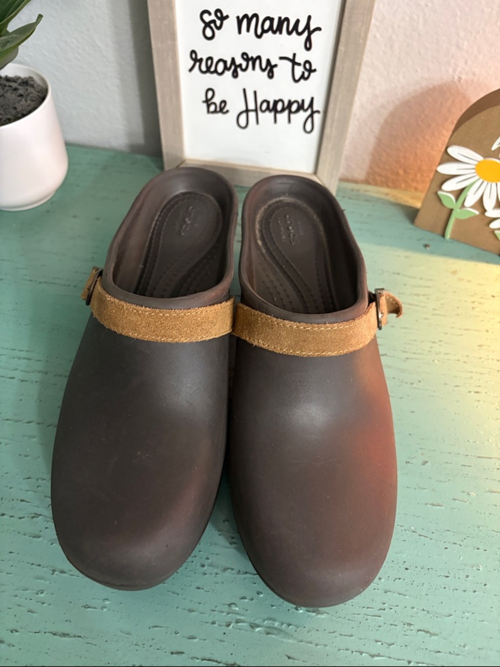 CROCS Brown Clog Heels with Tan Suede Strap